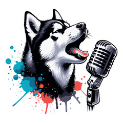 Husky howling into microphone. Vector illustration.