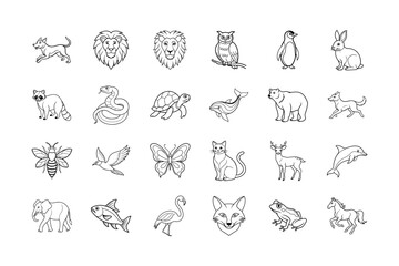 Fototapeta premium Wild Animal Line Icons – Lion, Bear, Fox, Owl, and Jungle Creatures Outline Set