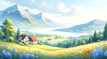 create a serene landscape scene in watercolor style, set against a beautiful distant view