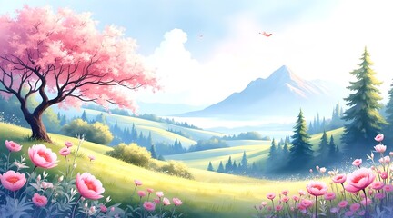 create a serene landscape scene in watercolor style, set against a beautiful distant view