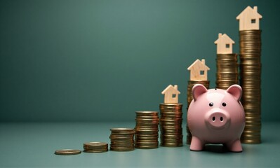A pink piggy bank sits beside ascending stacks of gold coins, each topped with a miniature house, illustrating savings growth and homeownership goals.
