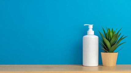 White sanitizer bottle, green plant, wooden shelf, blue wall, minimalist, clean, modern decor