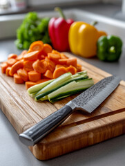 Knife and chopped vegetables on a wooden board in the kitchen.