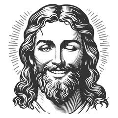 Jesus Christ with a crown of thorns, smiling and winking playfully, surrounded by a radiant halo sketch engraving fictional character vector illustration. Scratch board. Black and white.