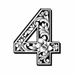 Fototapeta premium Number four with 3d bevel classic ornaments, engraving, and linocut style illustration 