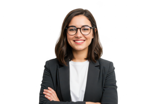 Smiling businesswoman with glasses and crossed arms isolated on transparent background - Powered by Adobe