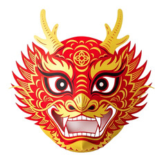 Red and gold chinese dragon mask celebrating lunar new year on transparent background