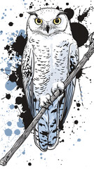 A stylized illustration of a snowy owl perched on a branch, against a backdrop of splattered ink