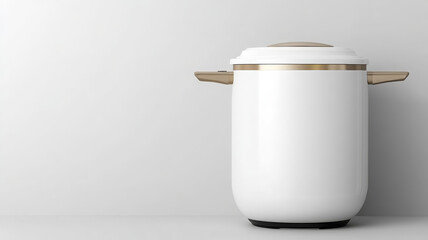 Modern electric pressure cooker with white and gold design, minimal style, kitchen appliance