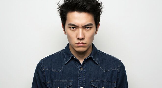 Stern Asian Man in Denim Shirt Gazes Forward