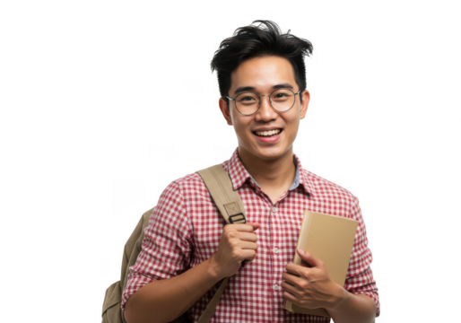 Young asian man with backpack and book smiling isolated on transparent background