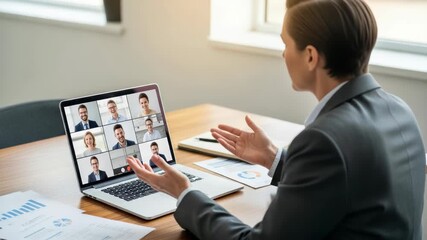 Engaged businesswoman leading virtual meeting for business development with diverse team members, - Powered by Adobe