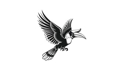 Obraz premium Striking Monochrome Illustration of a Majestic Hornbill in Dynamic Flight, Showcasing its Impressive Wingspan and Distinctive Beak, Perfect for Nature-Themed Designs and Wildlife Symbolism.