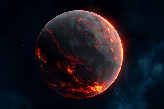 Fiery planet with glowing lava cracks in deep space