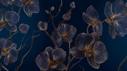 Elegant golden sketch of blooming phalaenopsis orchids on a luxurious deep navy blue background, a sophisticated botanical art piece.