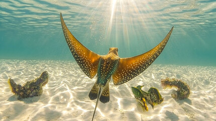 Stingray gliding through sunlit shallows