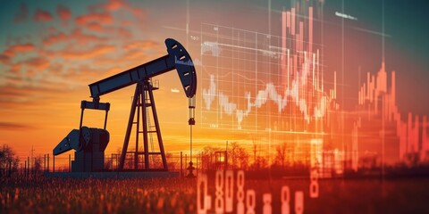 Silhouetted Oil Pumpjack with Financial Graphs at Sunset, Representing Energy Market Trends
