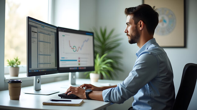 Young Professional Analyzing Data on Dual Monitors in Modern Office Workspace

