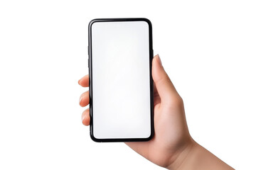 Close up of a person holding a modern smartphone with a blank white screen isolated on transparent background