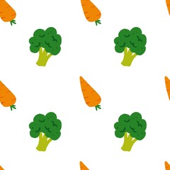 Healthy eating seamless pattern with broccoli and carrots on white background for nutrition, wellness, and vegetable diet design