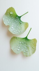 Two ginkgo leaves covered in water droplets lie on a plain background