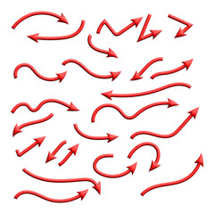 Collection of red arrows pointing in various directions isolated on a transparent background for design