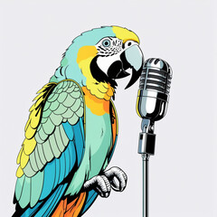 Colorful macaw parrot singing into a vintage microphone on a light background with copy space