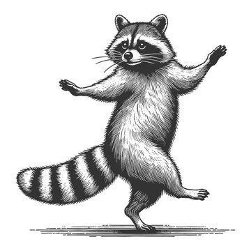 cheerful raccoon dancing, full of charm and playfulness sketch engraving vector illustration. Scratch board imitation. Black and white image.