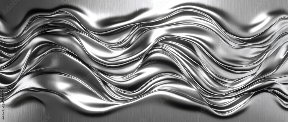 Poster curved metallic waves flow across a sleek surface, capturing light and creating a dynamic visual eff