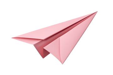 A pink paper airplane, sharply defined against a black background.  The origami craft displays a sleek, angled fuselage and wings, suggesting flight and motion