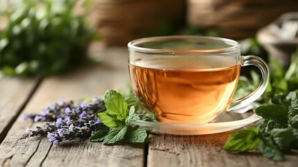 Aromatic Herbal Tea in Glass Cup with Fresh Mint and Lavender Relaxing Drink on Rustic Wooden Table