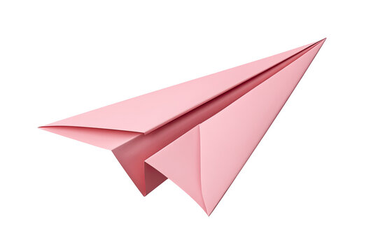 A pink paper airplane, sharply defined against a black background.  The origami craft displays a sleek, angled fuselage and wings, suggesting flight and motion - Powered by Adobe