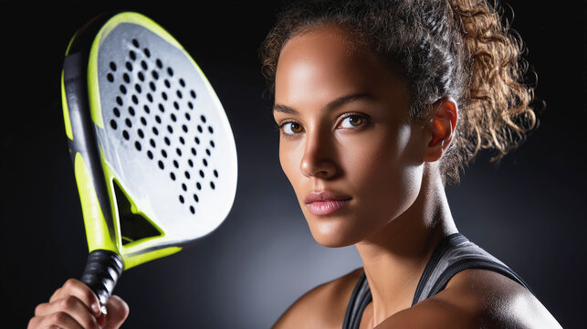 Confident female padel player holds racket in dramatic studio lighting.