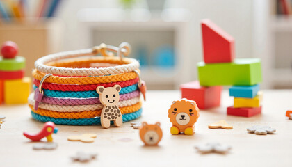 Close up of a colorful handmade friendship bracelet with animal charms including a bear and lion, and building blocks placed on a wooden table for a kid’s bedroom design.