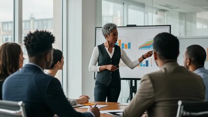 A diverse team of professionals attentively listens to a female leader presenting financial data on a large screen - Powered by Adobe