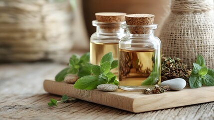 Aromatic Herbal Essential Oils in Glass Bottles with Fresh Herbs on Wooden Board