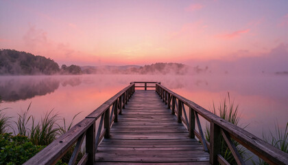 Obraz premium Wooden pier extends over a calm lake with fog at sunrise, offering a peaceful scene with diffused light suitable for travel or meditation themes with copy space.