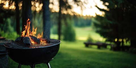 The Grill with Flames Surrounded by Lush Greenery at Sunset