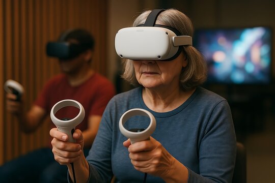 Elderly woman and man enjoying virtual reality gaming experience together