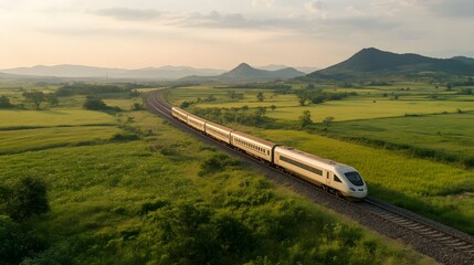 High speed train journey through scenic countryside landscape at sunset Modern railway transport