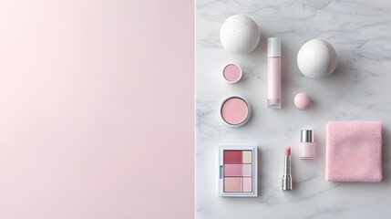 Flatlay of Pink Makeup Products on Marble Background Stylish Beauty Cosmetics Arrangement