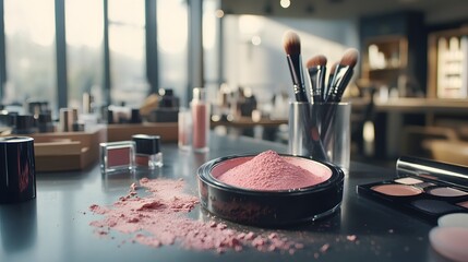 Pink Blush Powder Makeup Product  Still Life Image Beauty Products Spilled on Table