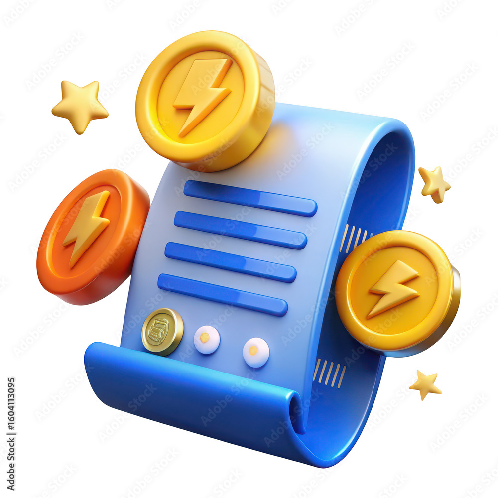 Poster blue document with gold coins and stars isolated on a transparent background paper scroll