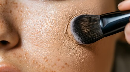 Applying Foundation Makeup with Brush Closeup Skincare Beauty Female Face
