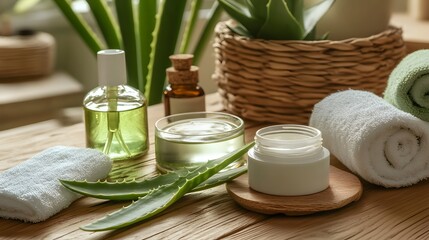 Natural Aloe Vera Skincare Products and Spa Treatment Set on Wooden Table