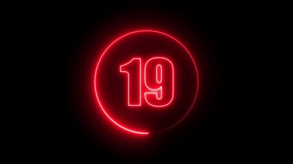 A circle with a red 19 neon number and the text in the middle 1 of it display animation neon style animation black background and the text 1 in the middle of it. - Powered by Adobe