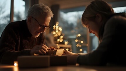 Senior Man and Child Exchange Christmas Gift at Home Warm Festive Atmosphere
