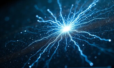 Intricate, glowing blue tendrils radiate from a central point, resembling a cosmic explosion or neural network.  The image is dark, emphasizing the vibrant light.