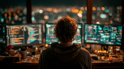 Fototapeta premium Tech Visionary at Work: A focused individual immersed in the world of technology, working diligently in front of multiple screens showcasing intricate coding and data visualizations.