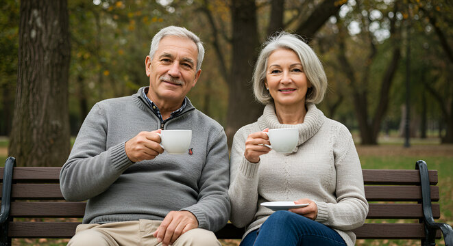 Elderly couple enjoying hot beverages in autumn park - Powered by Adobe